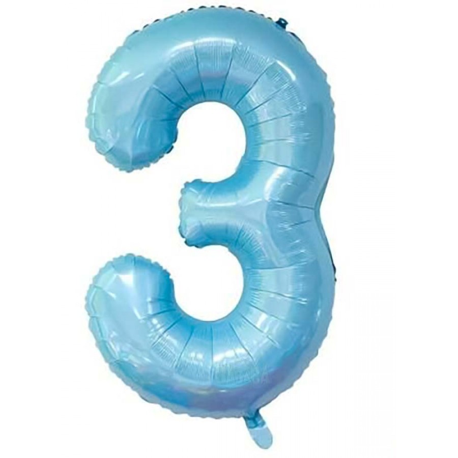 Фолиев балон  - цифра 3 в цвят бебешко синьо