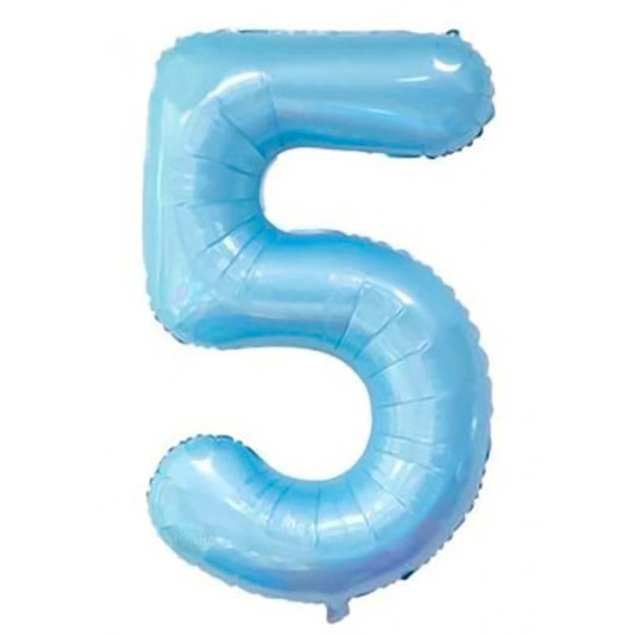 Фолиев балон  - цифра 5 в цвят бебешко синьо