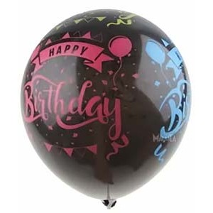 Балони с щампа - Happy Birthday черни с цветен принт 5бр