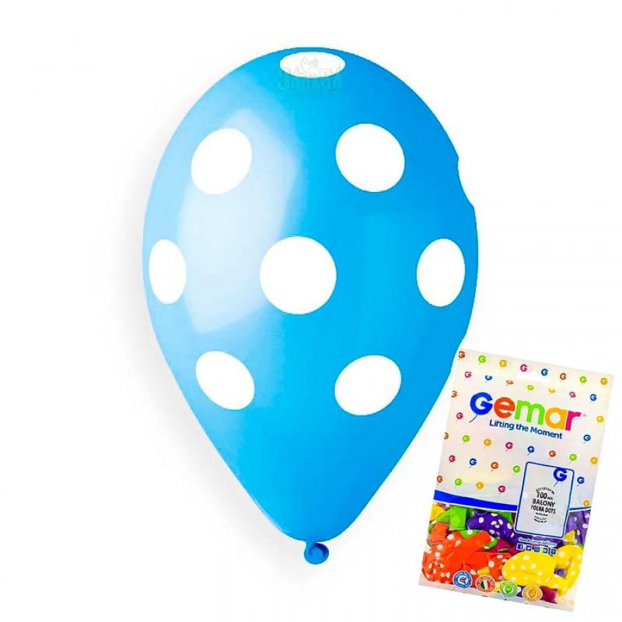 Пакет балони с щампа - светло сини на бели точки 100бр