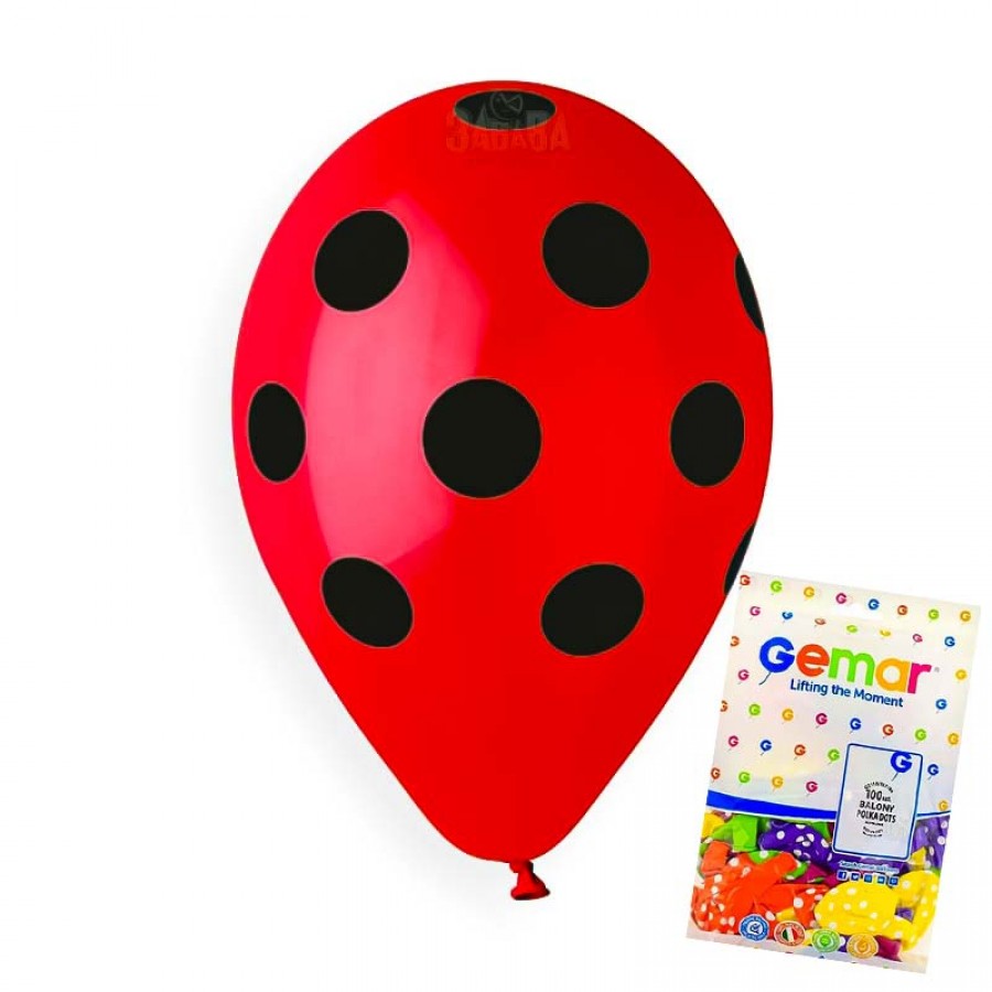 Пакет балони с щампа - червени на черни точки 100бр