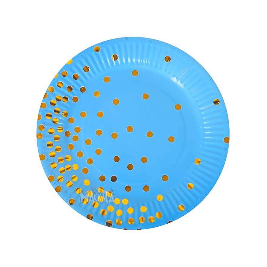 Парти чинии със златни точки в син цват 10бр.