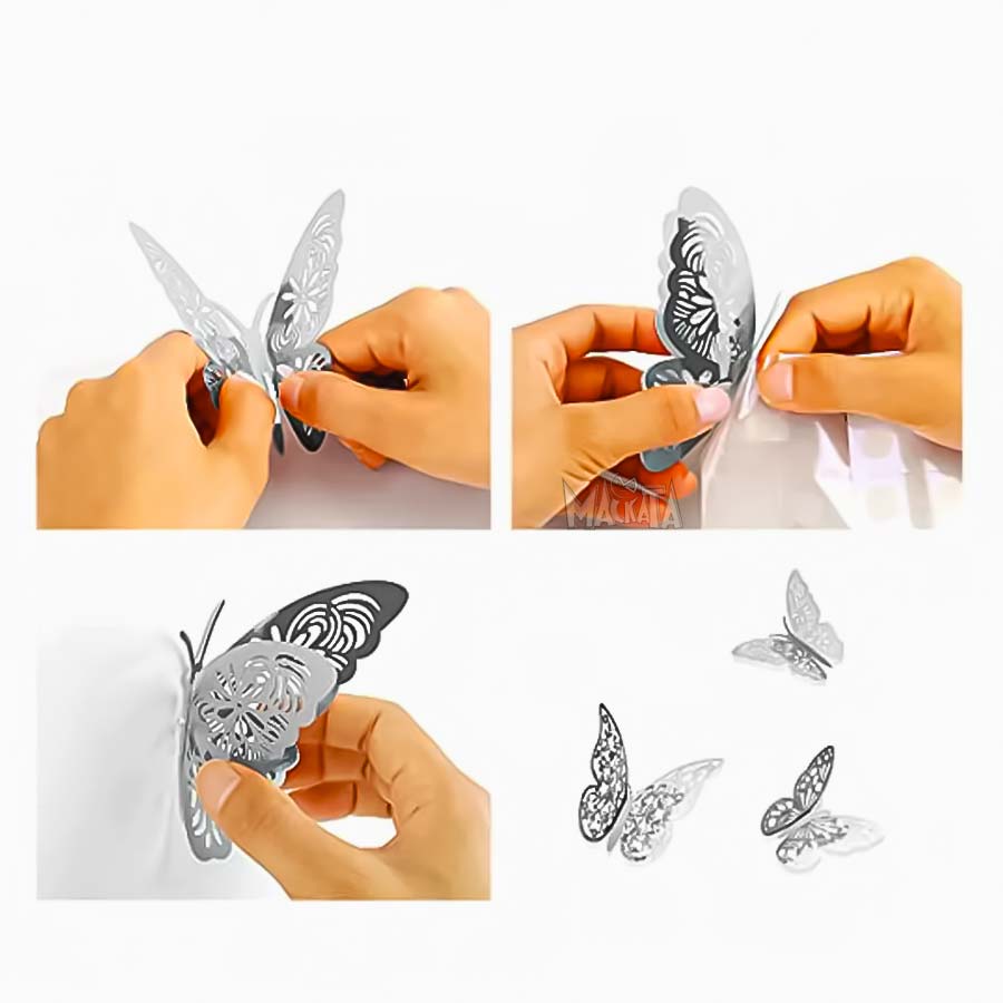 Комплект 4D сребърни пеперуди за декорации 12бр