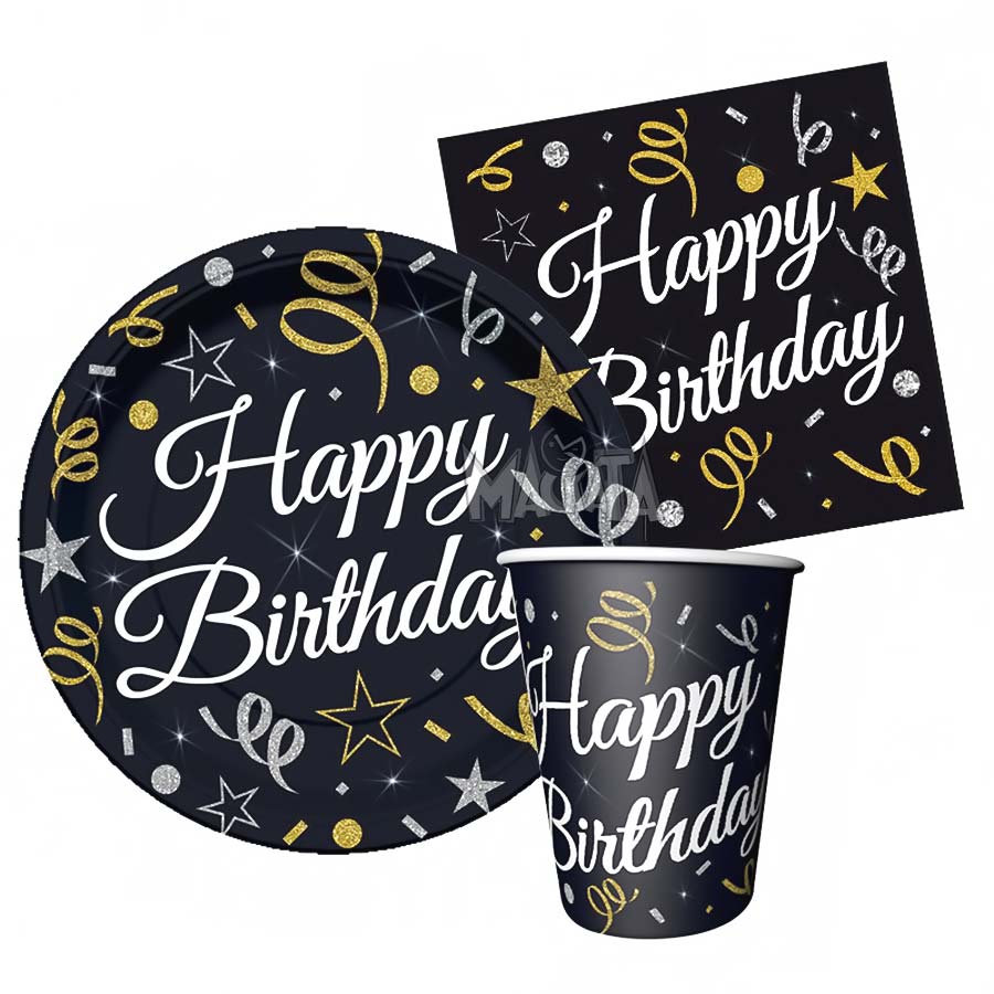 Парти сет в черен цвят 32бр - Happy Birthday Парти сет в черен цвят 32бр - Happy Birthday