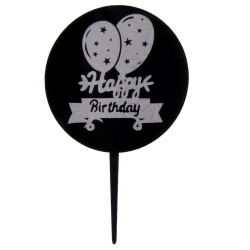 Черен топер за торта Happy Birthday с балони