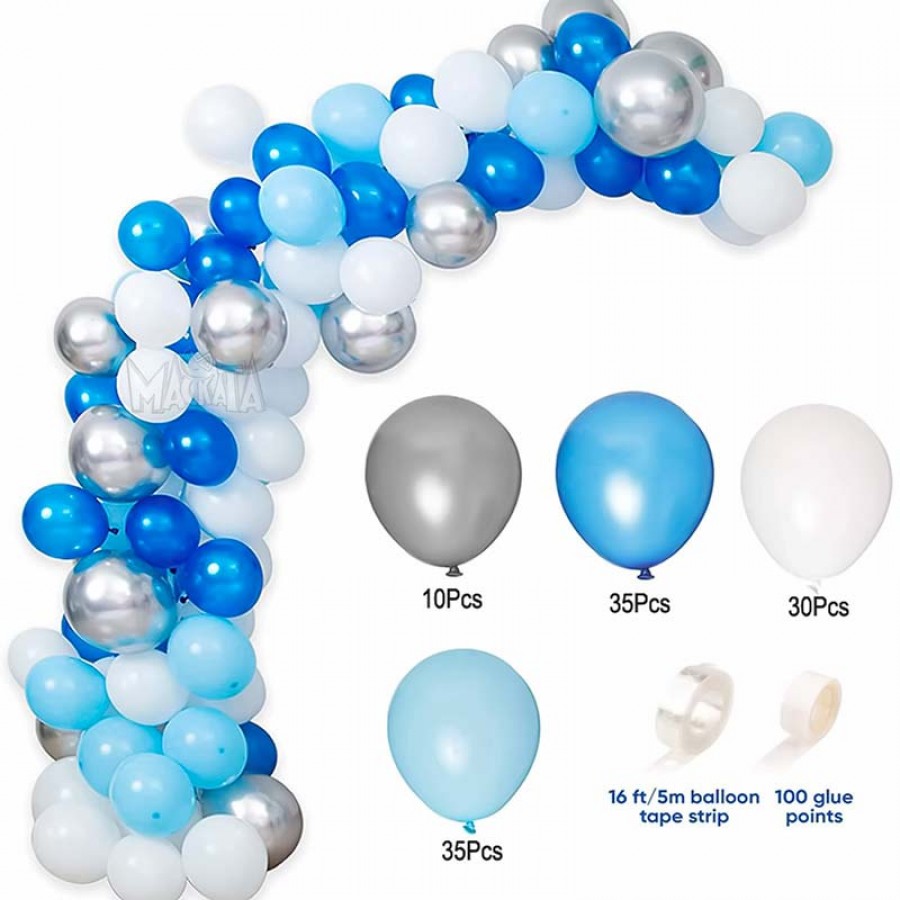 Комплект за арка от балони в синьо, сребро и бяло - 112бр