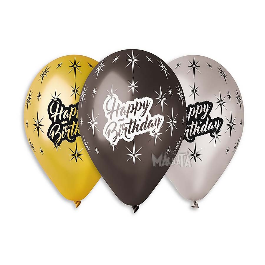 Балони с щампа - Happy Birthday металик 5бр