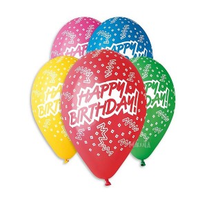 Балони с щампа - Happy Birthday с конфети 5бр