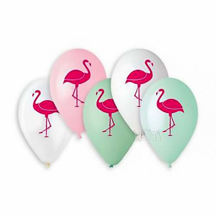 Балони с щампа - розово фламинго 5бр