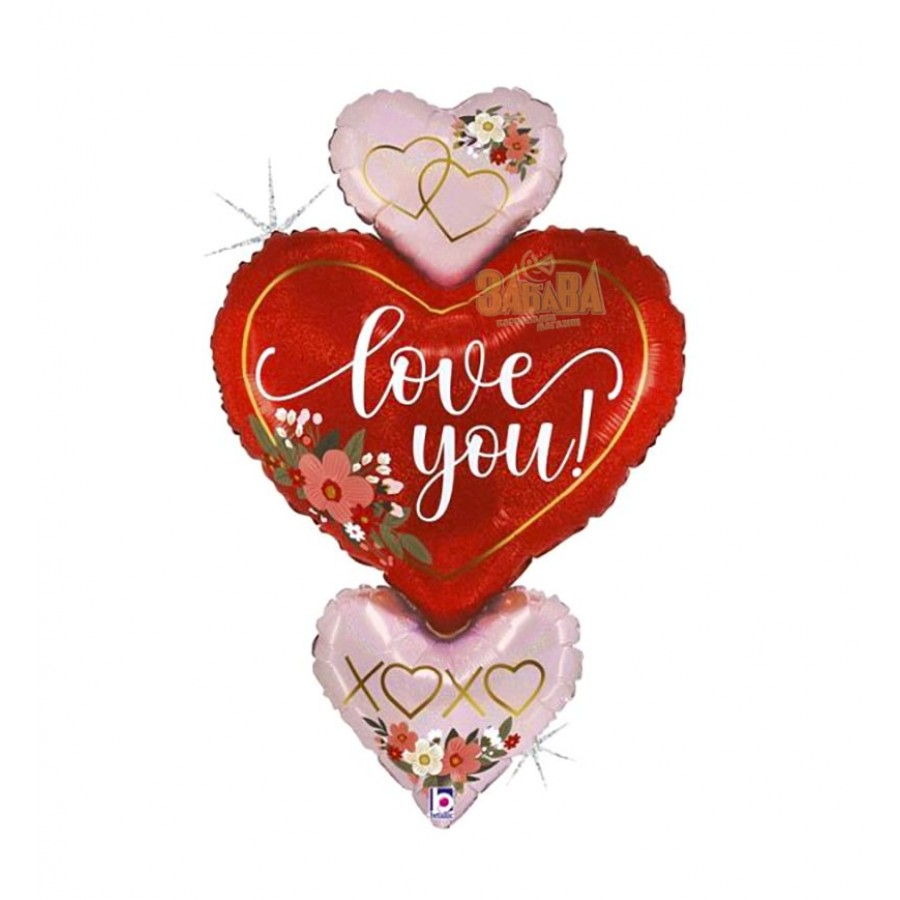 Фолиев балон три сърцa с надпис - I Love You