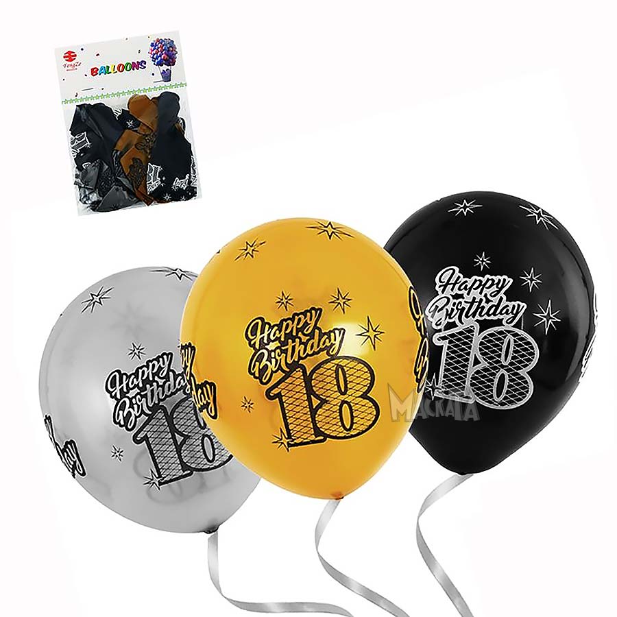 Пакет балони с щампа - Happy Birthday 18" микс в цветове металик 10бр