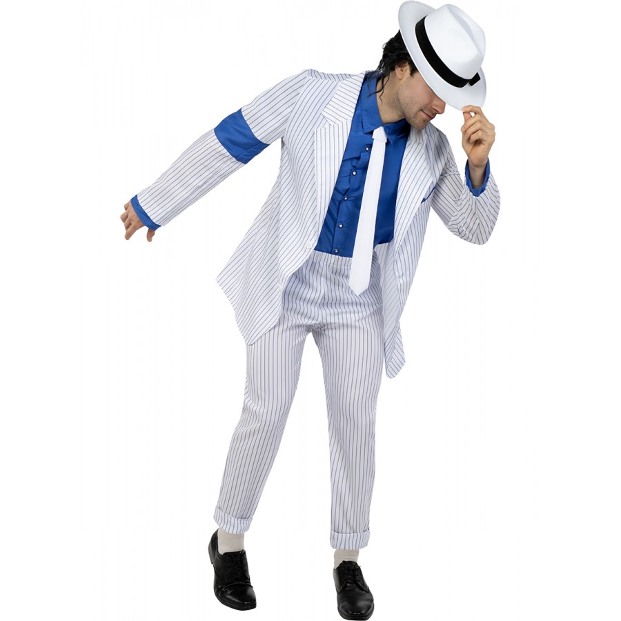 Костюм на Майкъл Джексън – Smooth Criminal Мъж облечен в бял костюм на Майкъл Джексън Smooth Criminal с шапка и сако