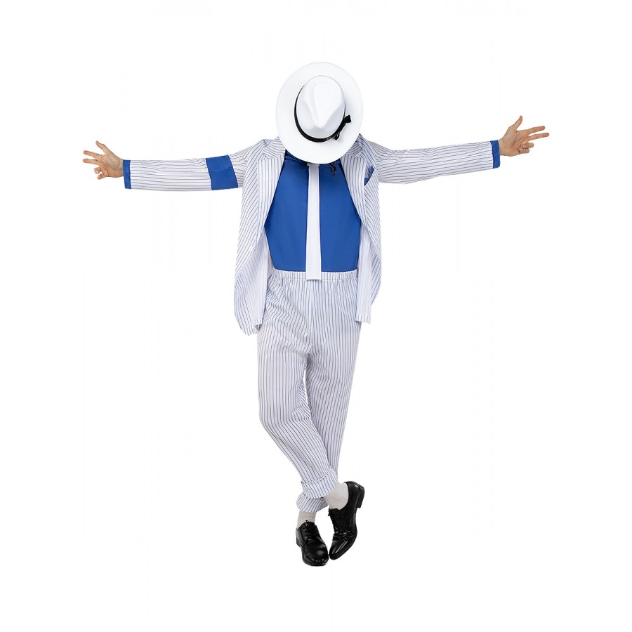Костюм на Майкъл Джексън – Smooth Criminal Мъж облечен в бял костюм на Майкъл Джексън Smooth Criminal с шапка и сако