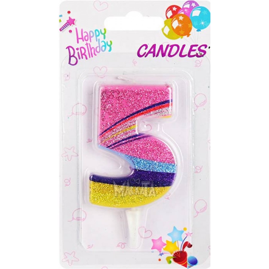 Свещи за парти Цветна дъга - цифра 5