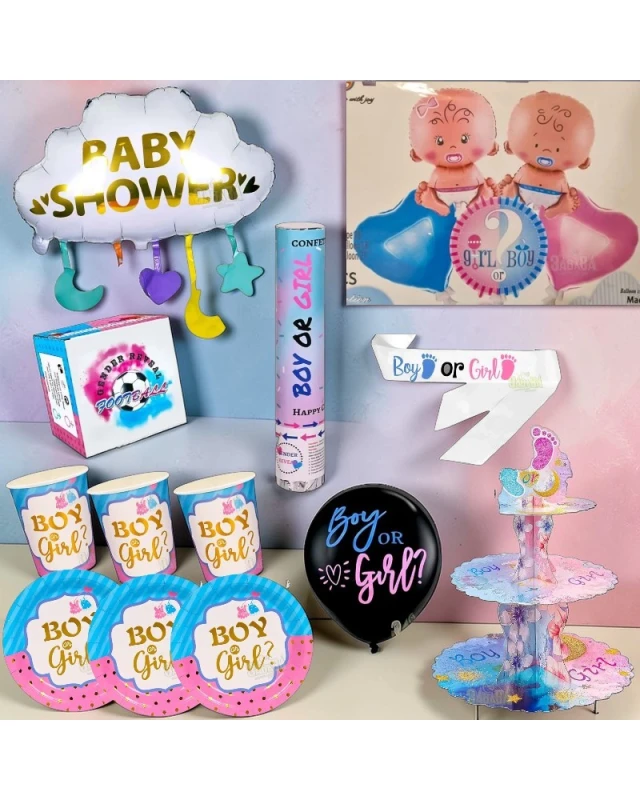 Комплект за Gender Reveal парти с футболна топка, конфети, балони Boy or Girl и картонена стойка за мъфини |zabava