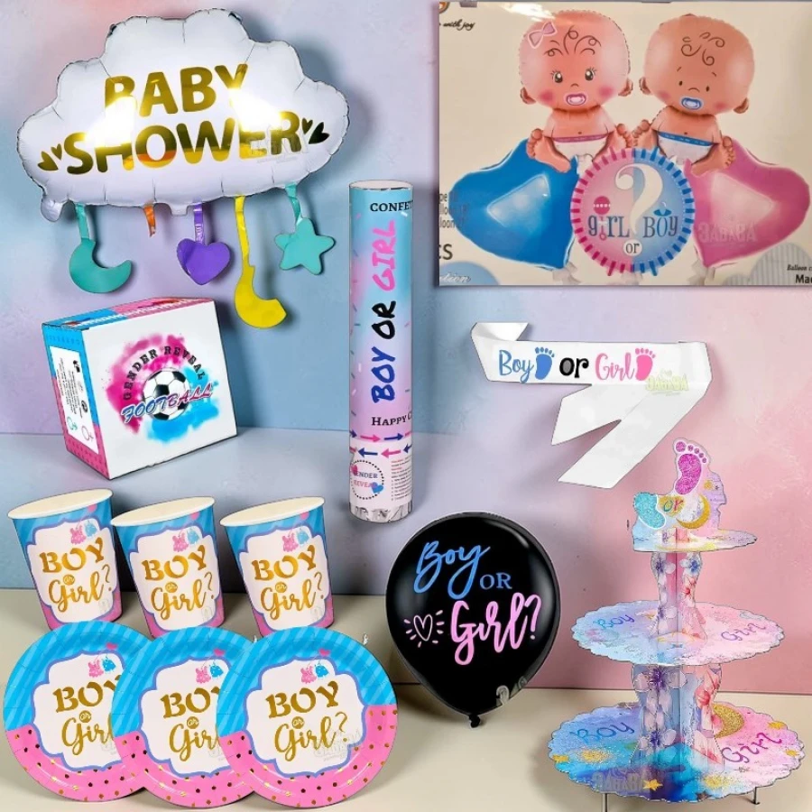 Комплект за Gender Reveal парти с футболна топка, конфети, балони Boy or Girl и картонена стойка за мъфини |zabava