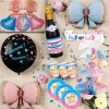 Голям парти сет за Gender Reveal парти с конфети шампанско, черна балонна щампа, стойка за мъфини и тематична посуда Boy or Girl