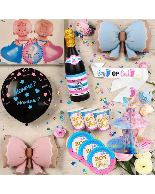 Голям парти сет за Gender Reveal парти с конфети шампанско, черна балонна щампа, стойка за мъфини и тематична посуда Boy or Girl