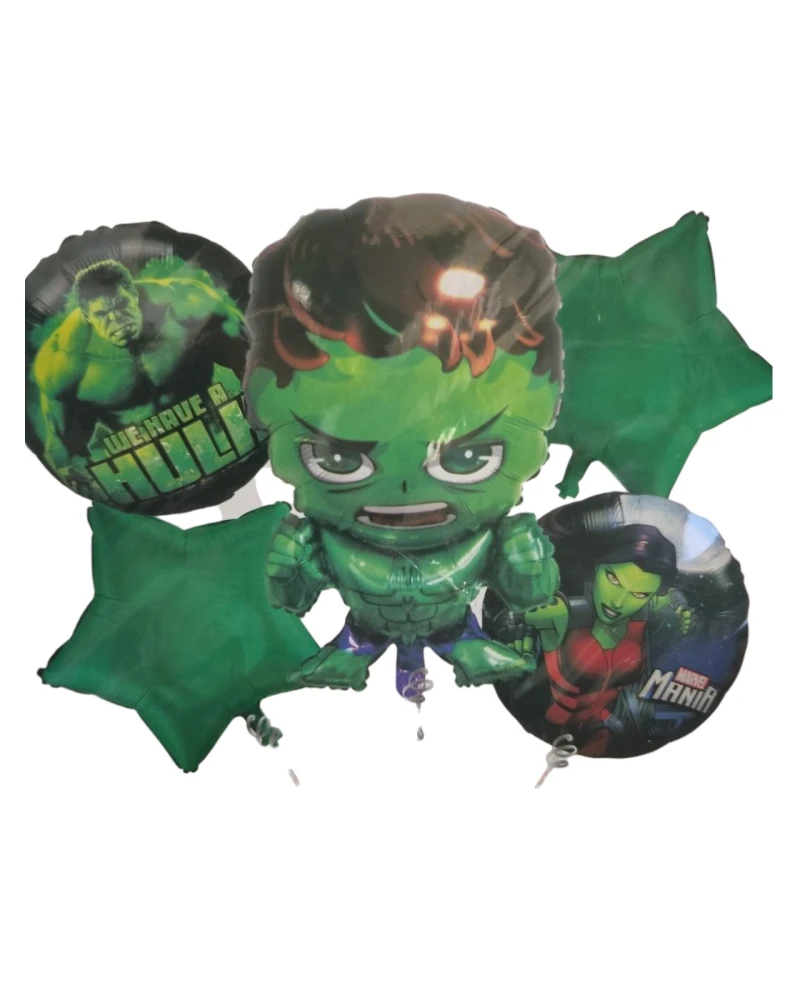 Комплект 5 фолиеви балона Хълк Hulk с две зелени звезди и два кръгли балона Marvel