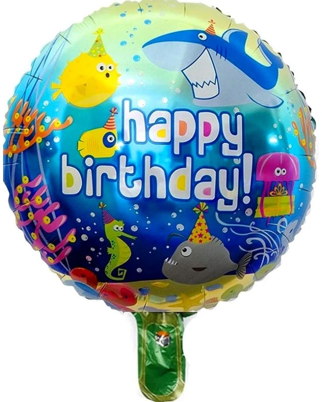 Кръгъл фолиев балон 45 см с морски обитатели и надпис Happy Birthday за тематично парти