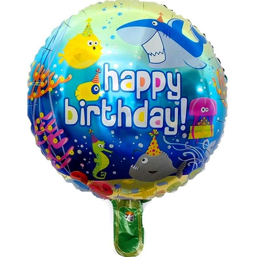 Кръгъл фолиев балон 45 см с морски обитатели и надпис Happy Birthday за тематично парти
