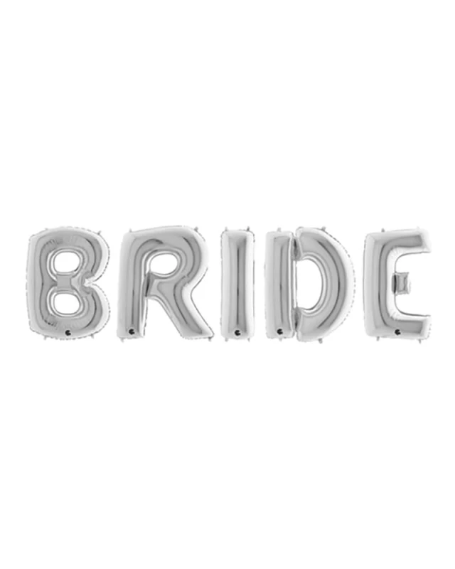 Сребристи балони букви образуващи надпис Bride за украса на моминско парти