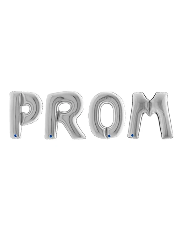 Гигантски сребристи балони букви PROM с височина 100 см за абитуриентска украса