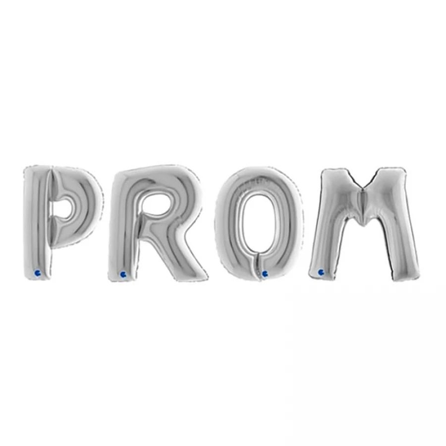 Гигантски сребристи балони букви PROM с височина 100 см за абитуриентска украса