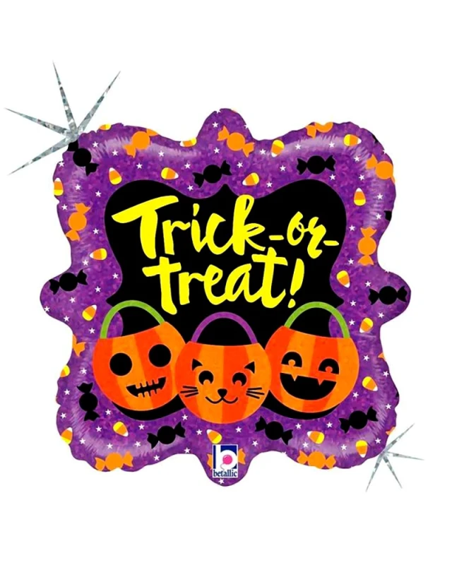Квадратен многоцветен фолиев балон с надпис Trick-or-treat и двустранен печат за Хелоуин декорация