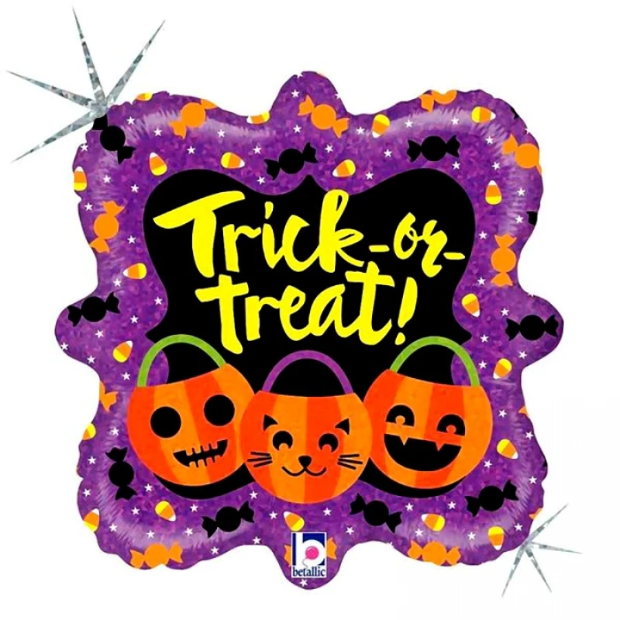 Квадратен многоцветен фолиев балон с надпис Trick-or-treat и двустранен печат за Хелоуин декорация