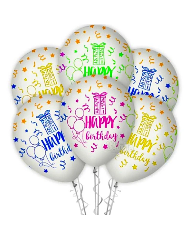 Балони с щампа - Happy Birthday в бял цвят 5бр