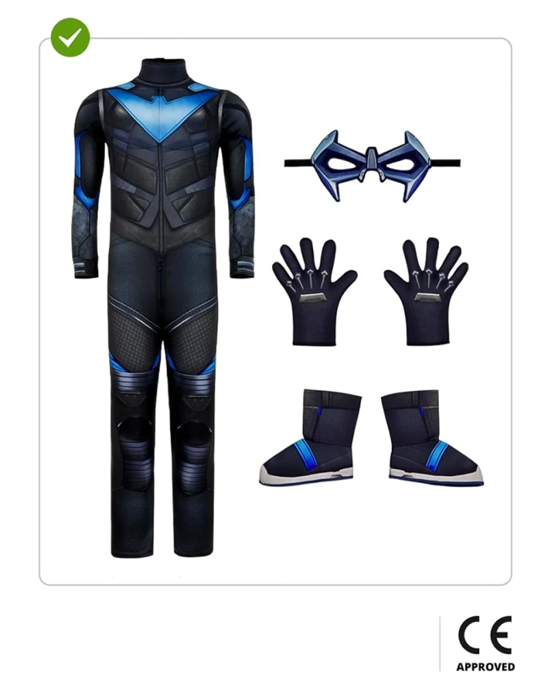 Детски карнавален костюм Nightwing Gotham Knights с мускули и маска за супергеройско парти | zabava