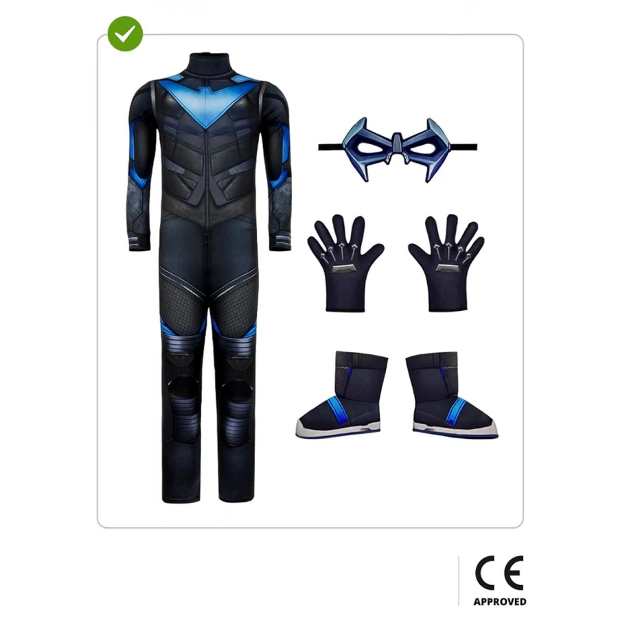 Детски карнавален костюм Nightwing Gotham Knights с мускули и маска за супергеройско парти | zabava