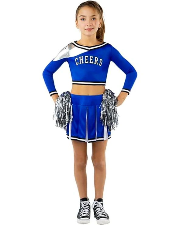 детски син костюм мажоретка cheerleader с помпони