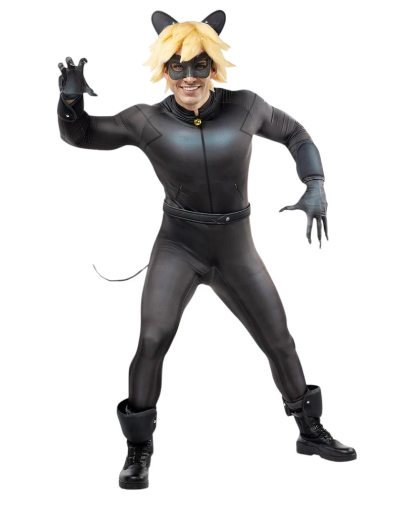 Мъжки костюм на Cat Noir Черния котарак от Ladybug - гащеризон с камбанка, перука с ущи, маска, колан, ръкавици, прасцови ленти