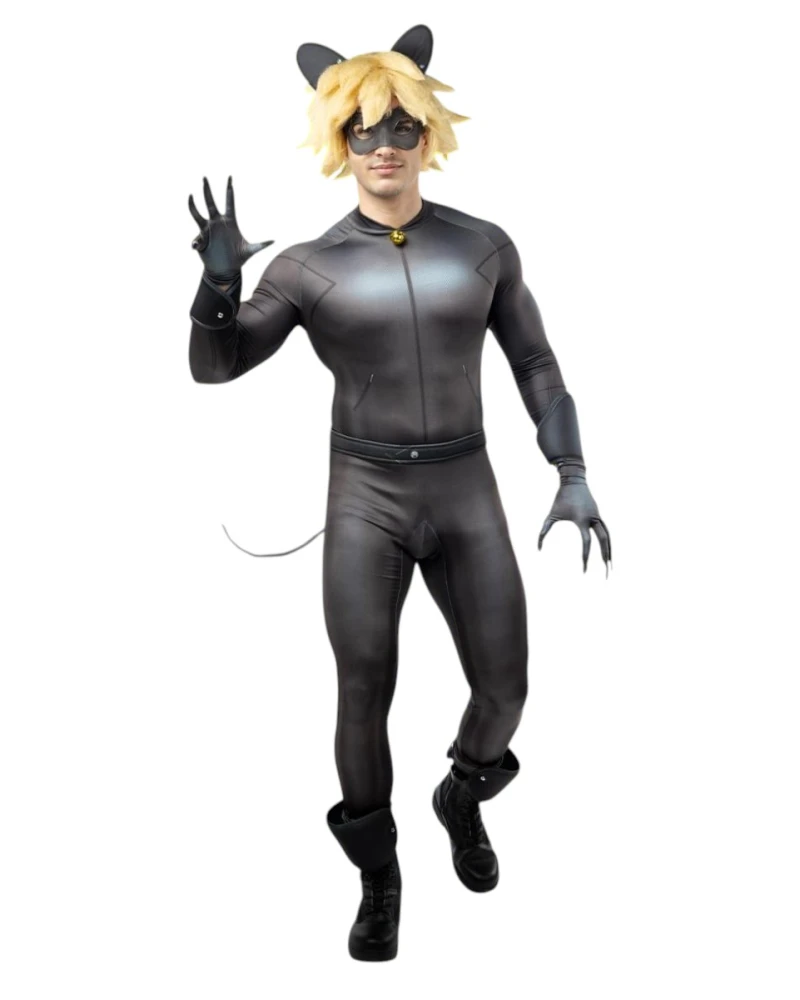 Мъжки костюм на Cat Noir Черния котарак от Ladybug - гащеризон с камбанка, перука с ущи, маска, колан, ръкавици, прасцови ленти