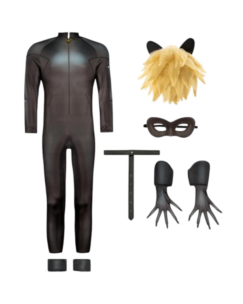 Мъжки костюм на Cat Noir Черния котарак от Ladybug - гащеризон с камбанка, перука с ущи, маска, колан, ръкавици, прасцови ленти
