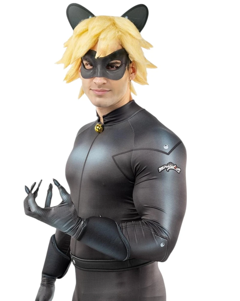 Мъжки костюм на Cat Noir Черния котарак от Ladybug - гащеризон с камбанка, перука с ущи, маска, колан, ръкавици, прасцови ленти
