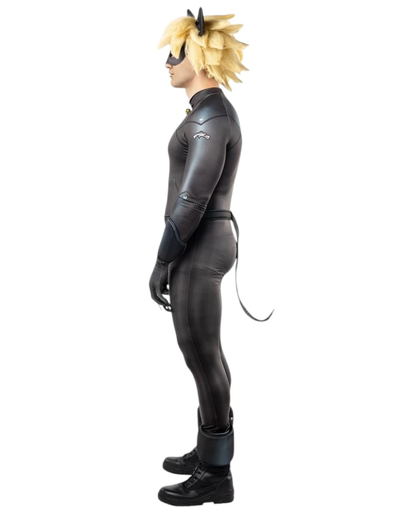 Мъжки костюм на Cat Noir Черния котарак от Ladybug - гащеризон с камбанка, перука с ущи, маска, колан, ръкавици, прасцови ленти