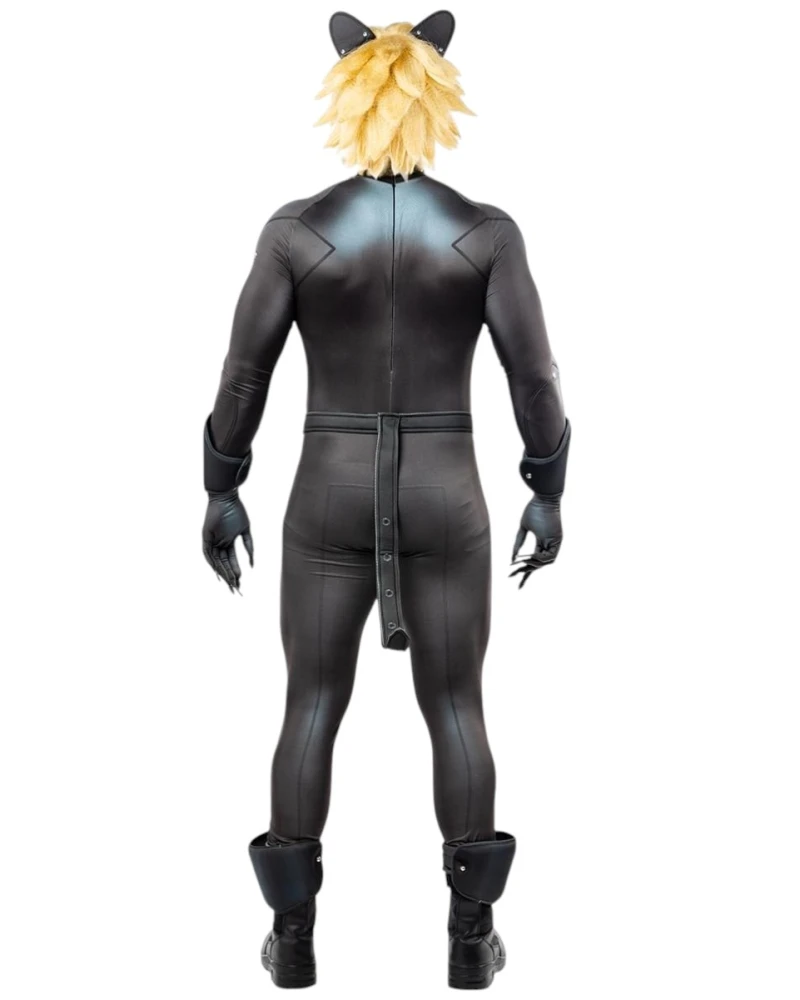 Мъжки костюм на Cat Noir Черния котарак от Ladybug - гащеризон с камбанка, перука с ущи, маска, колан, ръкавици, прасцови ленти