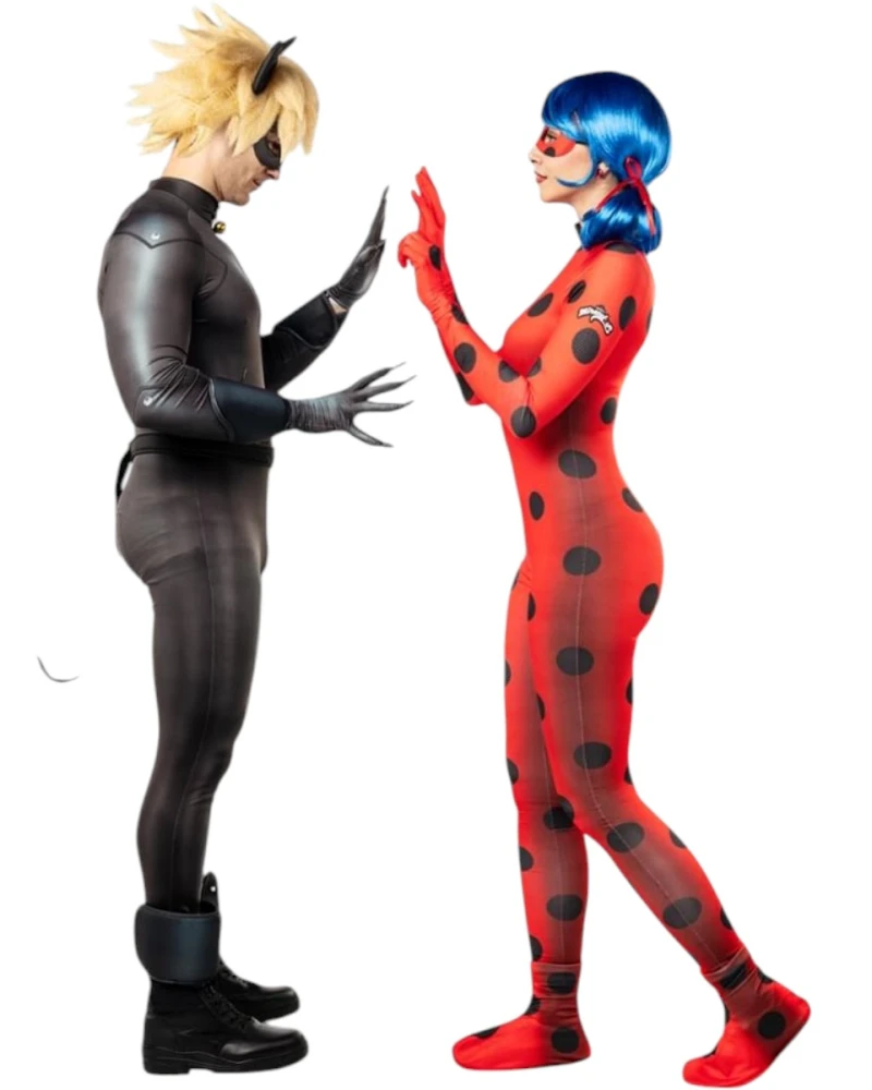 Мъжки костюм на Cat Noir Черния котарак от Ladybug - гащеризон с камбанка, перука с ущи, маска, колан, ръкавици, прасцови ленти