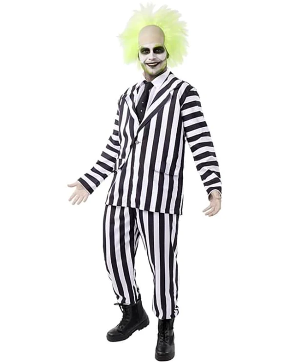 мъжки костюм бийтълджус/Beetlejuice черно бял раиран хелоуин със сако, панталон и вратовръзка