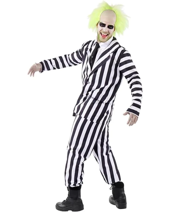 мъжки костюм бийтълджус/Beetlejuice черно бял раиран хелоуин със сако, панталон и вратовръзка