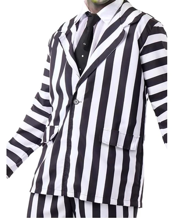 мъжки костюм бийтълджус/Beetlejuice черно бял раиран хелоуин със сако, панталон и вратовръзка