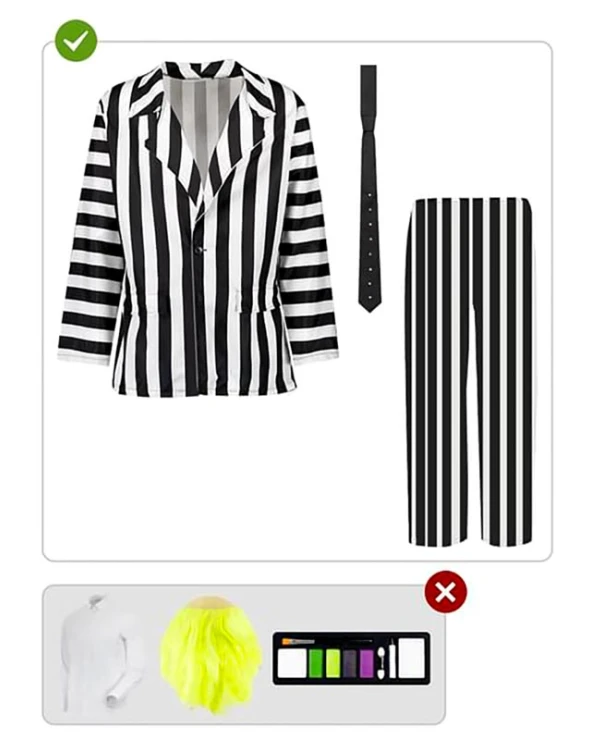 мъжки костюм бийтълджус/Beetlejuice черно бял раиран хелоуин със сако, панталон и вратовръзка