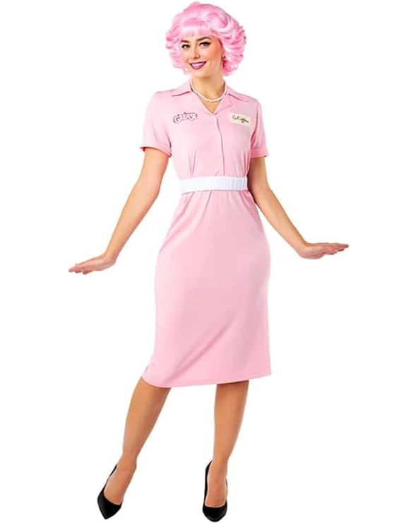 Дамски карнавален костюм Frenchy Pink Ladies от филма Брилянтин Grease с рокля и колие