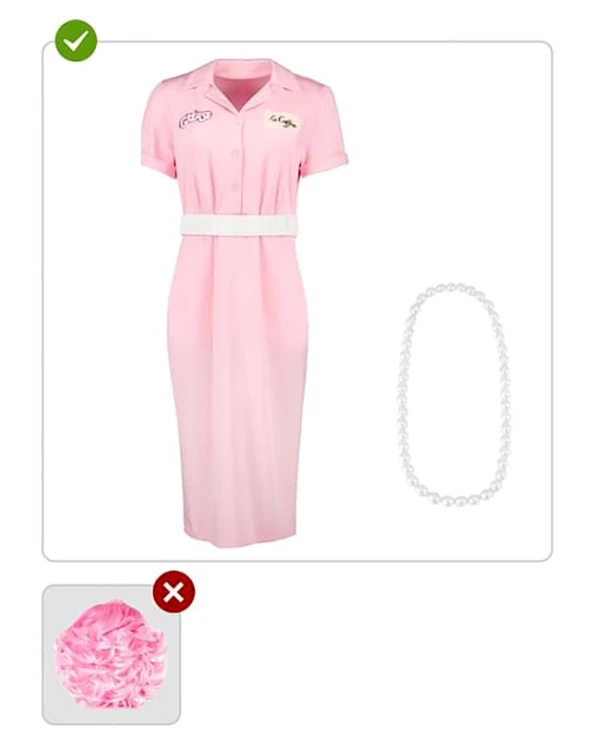 Дамски карнавален костюм Frenchy Pink Ladies от филма Брилянтин Grease с рокля и колие
