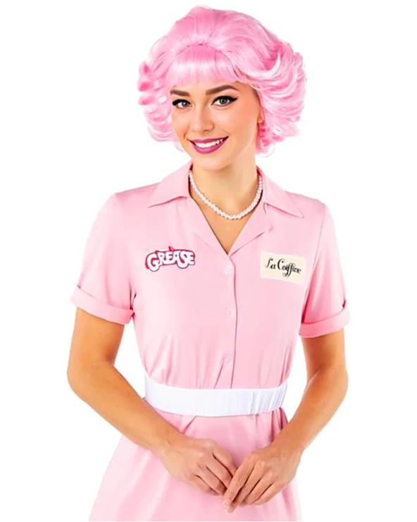 Дамски карнавален костюм Frenchy Pink Ladies от филма Брилянтин Grease с рокля и колие