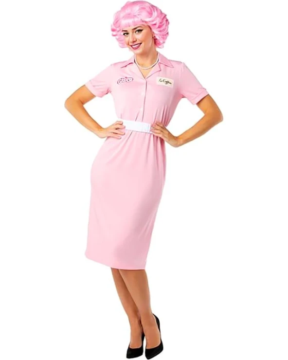 Дамски карнавален костюм Frenchy Pink Ladies от филма Брилянтин Grease с рокля и колие