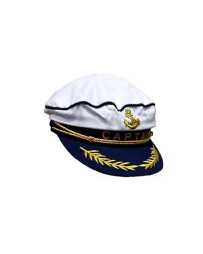 Бяла моряшка шапка с надпис Captain и златна котва от магазин Забава.